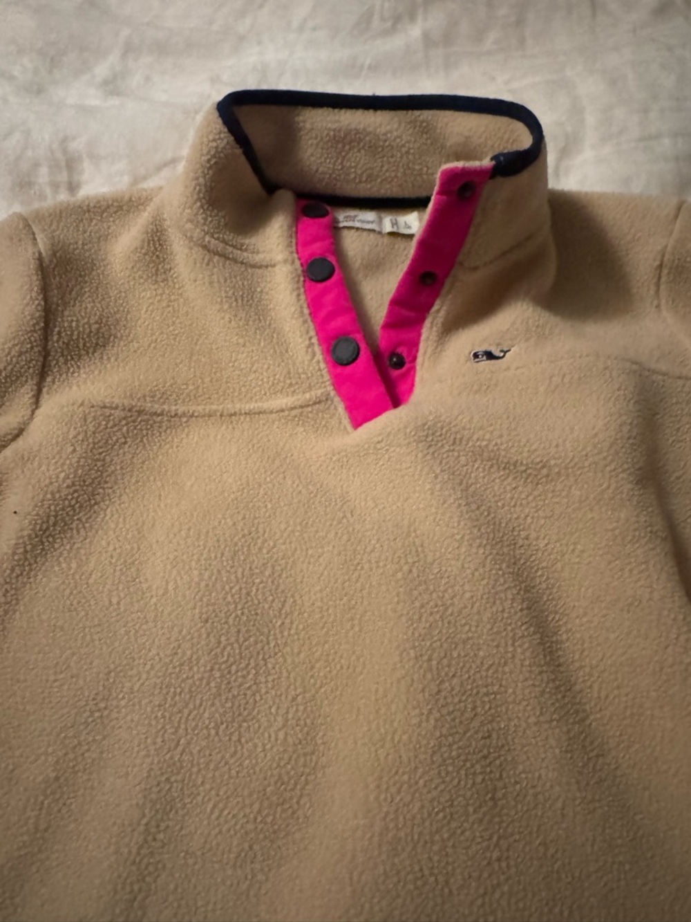 Vineyard Vines Tan Fleece Pullover with Pink Snap Placket kids size 14